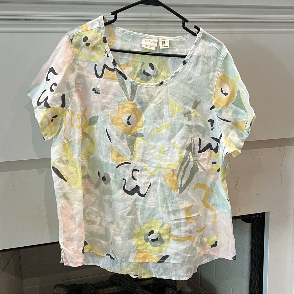 Rachel Zoe Womens Floral Print Linen Top Plus Size 1X Multicolor Short Sleeve